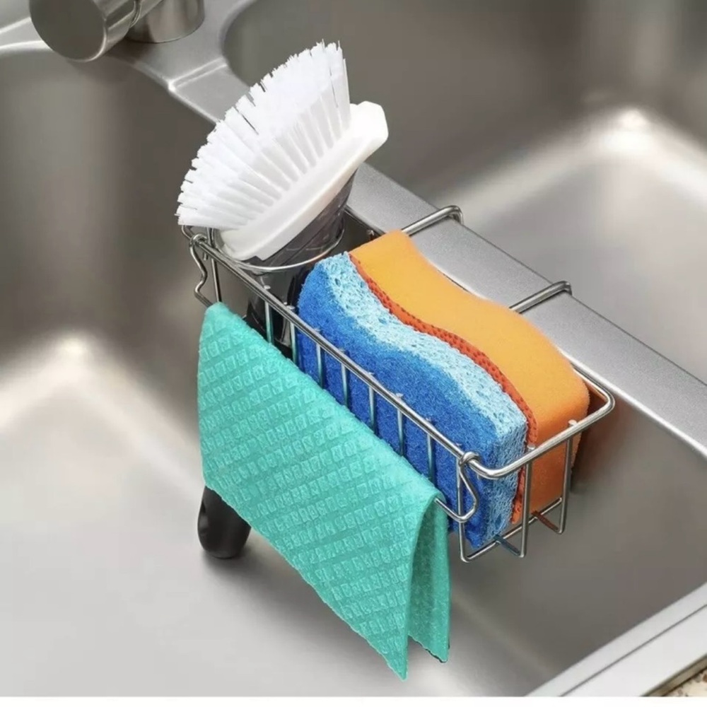 3-in-1 Sponge Holder for Kitchen Sink Movable Brush Holder + Dish Cloth Hange...